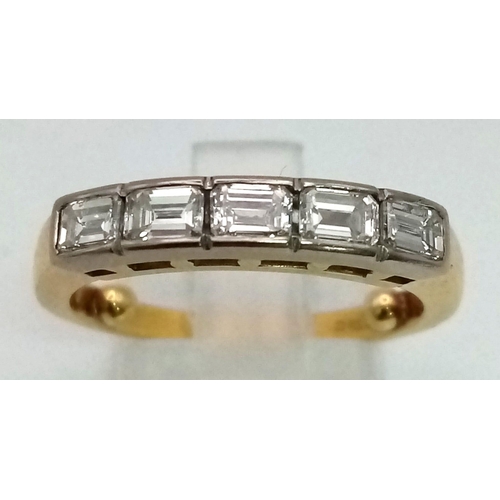 12 - An 18 K yellow gold ring with five, emerald cut diamonds (0.96 carats). Ring size: N/O, weight: 5.5 ... 