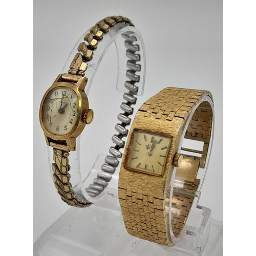 975 - 2 Gold tone bracelet watches, a timex and a rotary, both manual wind and as found.