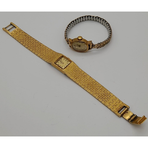 975 - 2 Gold tone bracelet watches, a timex and a rotary, both manual wind and as found.