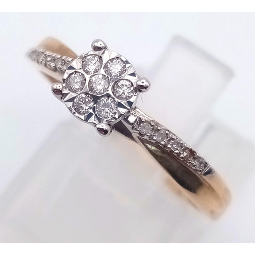 1095 - 9K WHITE AND YELLOW GOLD DIAMOND CLUSTER RING WITH APPROX 0.10CT DIAMONDS, WEIGHT 1.7G, SIZE L 1/2