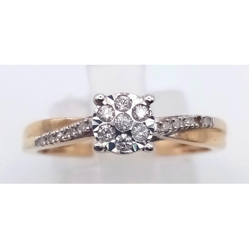 1095 - 9K WHITE AND YELLOW GOLD DIAMOND CLUSTER RING WITH APPROX 0.10CT DIAMONDS, WEIGHT 1.7G, SIZE L 1/2