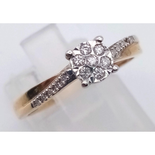 1095 - 9K WHITE AND YELLOW GOLD DIAMOND CLUSTER RING WITH APPROX 0.10CT DIAMONDS, WEIGHT 1.7G, SIZE L 1/2