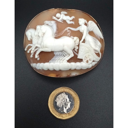 130 - An Antique Large Cameo Of the Diana (Goddess of the Hunt) - Riding a four horse driven chariot with ... 