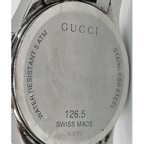 107 - GUCCI 126.5 STEEL BRACELET LADIES WATCH, DIAMOND SET DIAL MOTHER OF PEARL FACE, 28MM CASE, FULL WORK... 