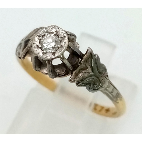 1297 - A vintage, 18K yellow gold and platinum diamond solitaire ring, Size: M, weight: 3 g.