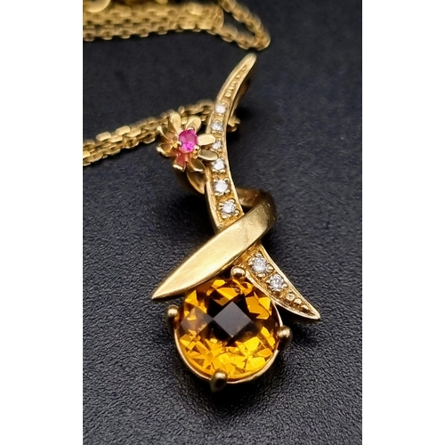 376 - A BEAUTIFUL 14K YELLOW GOLD CITRINE & DIAMOND CROSS OVER FANCY PENDANT ON 18K YELLOW GOLD CHAIN, WEI... 