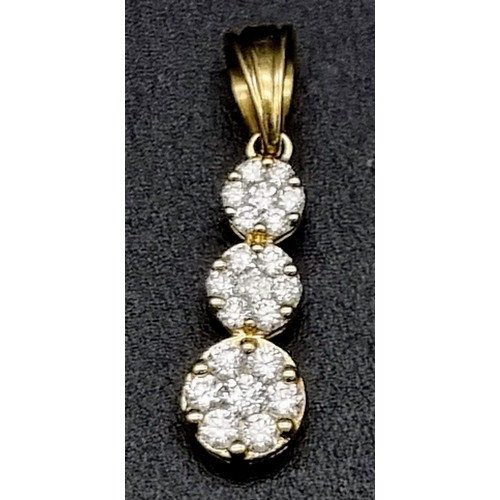 874 - 9K YELLOW GOLD DIAMOND SET DROP CLUSTER PENDANT, WEIGHT 1.3G, APPROX 0.50CT DIAMONDS, 23MM DROP APPR... 