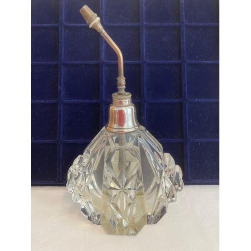 1071 - Large attractive vintage cut glass SILVER TOPPED spray bottle. Exceptional condition. Spray mechanis... 