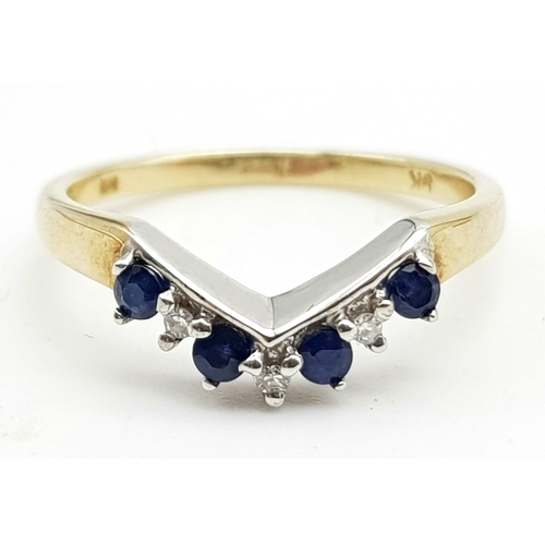 1131 - 9k Yellow Gold Diamond and Sapphire Wishbone Ring
Weighs 1.6g
Size J