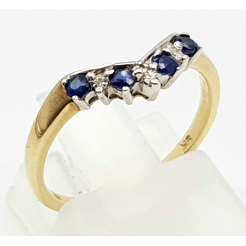 1131 - 9k Yellow Gold Diamond and Sapphire Wishbone Ring
Weighs 1.6g
Size J