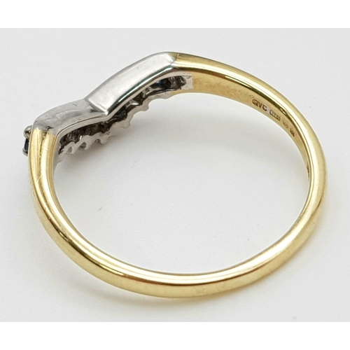 1131 - 9k Yellow Gold Diamond and Sapphire Wishbone Ring
Weighs 1.6g
Size J