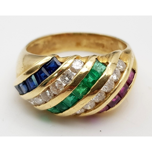 235 - 14k Yellow Gold Diamond, Sapphire, Ruby and Emerald Bombay band ring.
weighs 5.7g
size M