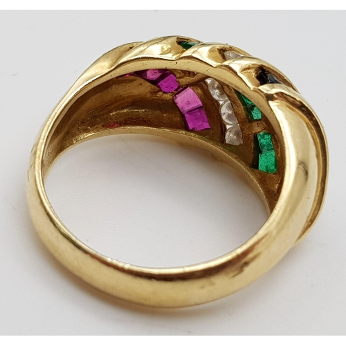 235 - 14k Yellow Gold Diamond, Sapphire, Ruby and Emerald Bombay band ring.
weighs 5.7g
size M