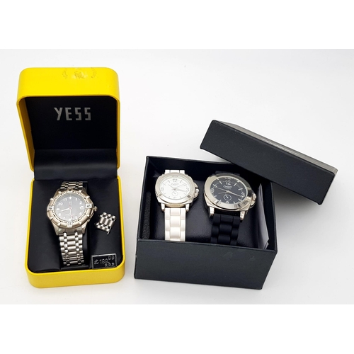 997 - 3 boxed watches, 2 Cotton Traders watches one black, one white rubber strap and a YESS Steel Bracele... 