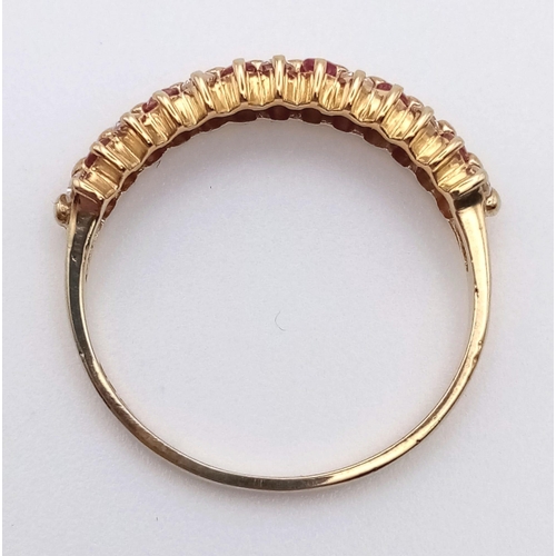 1835 - A Vintage 9K Yellow Gold Red and White Stone Ring. Two rows of clean stones. Size P/Q. 2g total weig... 