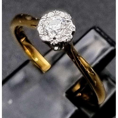 447 - 18CT Yellow Gold and Platinum vintage Diamond Solitaire ring.
0.20ct Diamond 
Weighs 2.4g
Size M 1/2