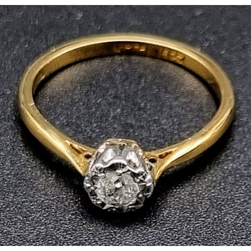 447 - 18CT Yellow Gold and Platinum vintage Diamond Solitaire ring.
0.20ct Diamond 
Weighs 2.4g
Size M 1/2