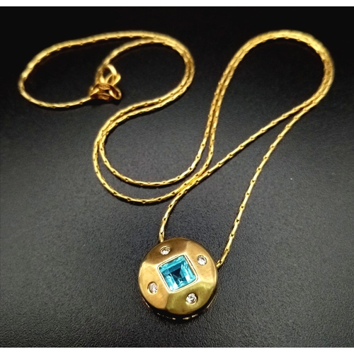 451 - 18K YELLOW GOLD DIAMOND & AQUAMARINE PENDANT ON 18K YELLOW GOLD CHAIN, WEIGHT 3.8G