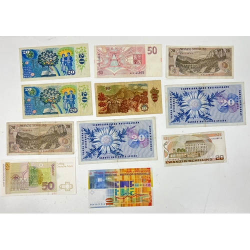 1313 - Eleven Vintage German, Swiss, Austrian and Czechoslovakian 
Currency Notes. Please see photos for co... 