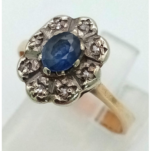 1523 - 9K Yellow Gold Vintage Diamond and Sapphire Cluster Ring. Weighs 2.4g, Size N.