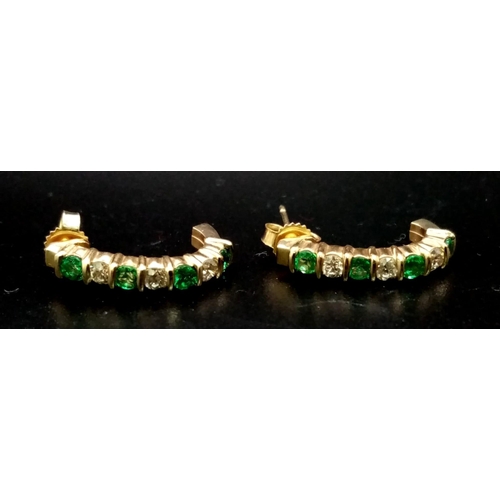 383 - PAIR OF 14K YELLOW GOLD DIAMOND & EMERALD EARRINGS, APPROX 0.30CT DIAMONDS, 3.2G