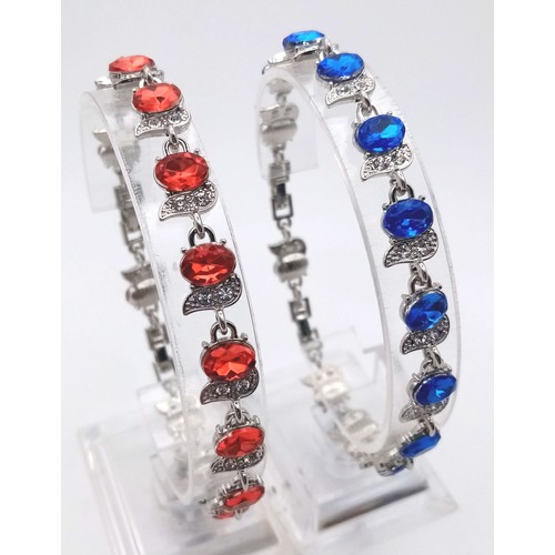 908 - A Ruby Red and Sapphire Blue Coloured Stone Bracelet set in White Metal. Both with expandable links ... 