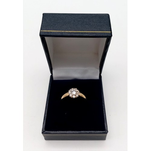 616 - A classic mid century diamond cluster ring. set in 9k yellow gold, Ring Size O, Weight 2.4 grams.