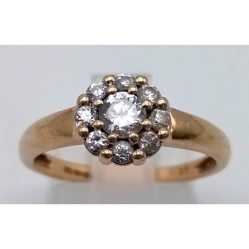 616 - A classic mid century diamond cluster ring. set in 9k yellow gold, Ring Size O, Weight 2.4 grams.