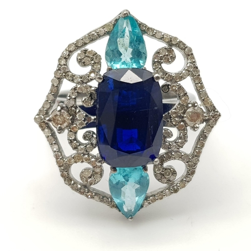 442 - An Antique-Styled Blue Sapphire, Emerald and Diamond Ring set in 925 Silver. Diamond weight - .68cts... 