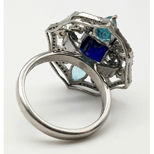 442 - An Antique-Styled Blue Sapphire, Emerald and Diamond Ring set in 925 Silver. Diamond weight - .68cts... 