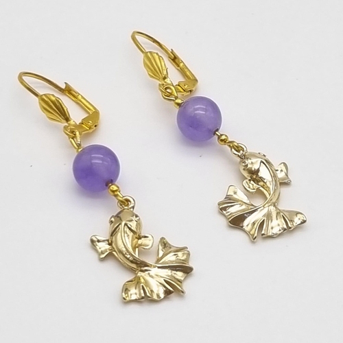 561 - A Pair of 18K Gold Plated Lavender Jade and Leaping Fish Lever-Back Earrings.