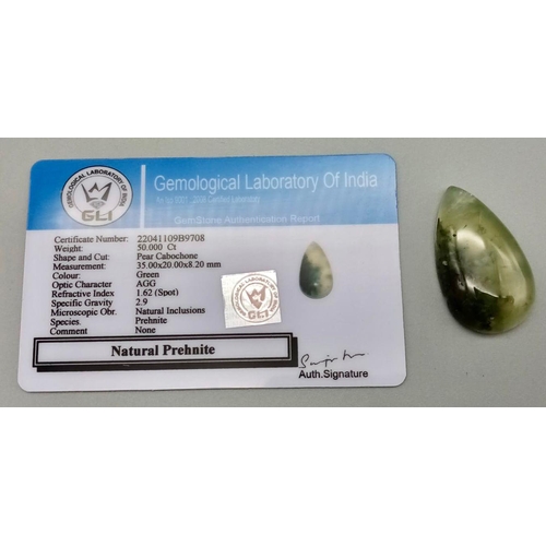 484 - 50 Ct Cabochon Prehnite, Pear Shape, GLI Certified