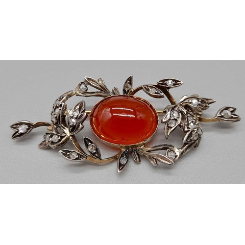 563 - An Antique Victorian 15K Yellow Gold Rose Cut Diamond Carnelian Brooch. Large central cut carnelian ... 