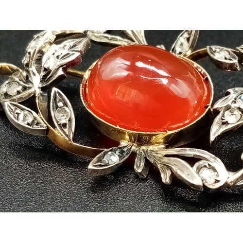 563 - An Antique Victorian 15K Yellow Gold Rose Cut Diamond Carnelian Brooch. Large central cut carnelian ... 