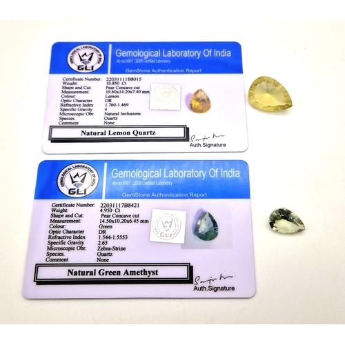 593 - Lot of 2 Gemstones - 10.85ct  Mixed Concave Cut Lemon Quartz and a 4.95ct Mixed Concave Cut Green Am... 