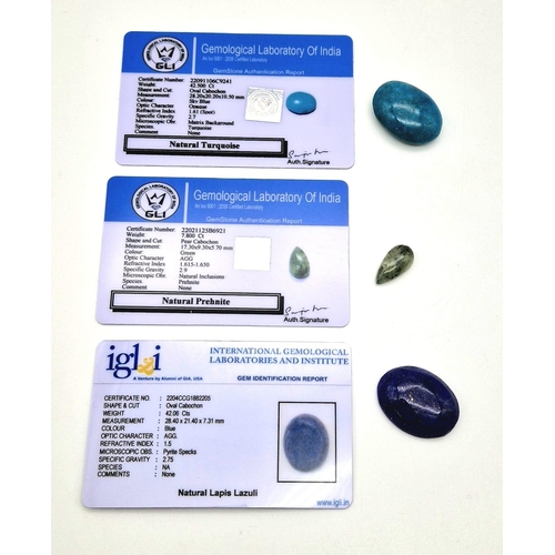 600 - Lot of 3 Gemstones - 7.80ct Prehnite cabochon, 42.06ct Lapis Lazuli cabochon and a 42.50ct Turquoise... 