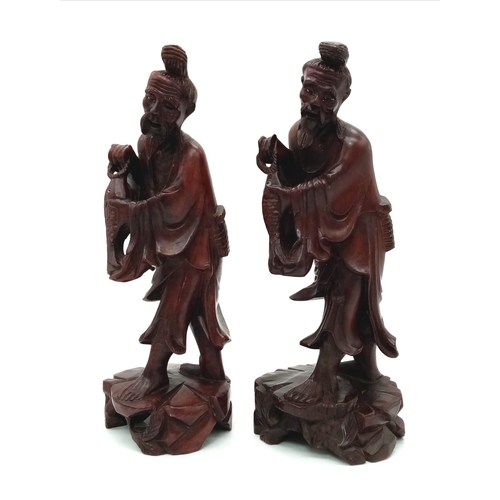 1098 - A Vintage or Antique Pair of Carved Wooden Oriental Fisherman Figures 20cm Tall