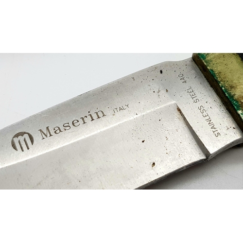 408 - A Vintage Italian Maserin Fixed Short-Blade Knife with Leather Sheaf. Makers mark on blade. Total le... 