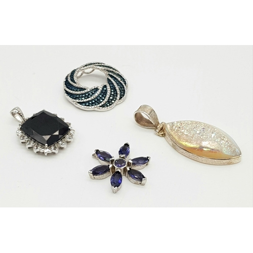 430 - Four 925 Silver Gemstone Set Brooches. Garnet, topaz, amethyst and Druzy Quartz - 4.5cm.  All others... 