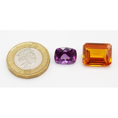 597 - A Beautiful 16ct Orange and 8ct Purple Gemstone. Rectangular step-cut. 15 x 12mm and 12 x 10mm.