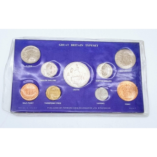 1113 - A Great Britain Typeset Uncirculated Coin Display. Half penny to Crown. Nine coins in total.