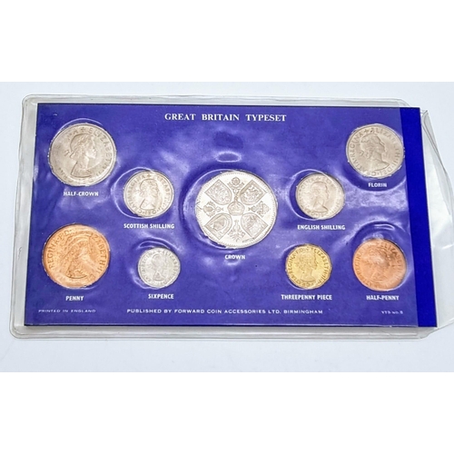 1113 - A Great Britain Typeset Uncirculated Coin Display. Half penny to Crown. Nine coins in total.