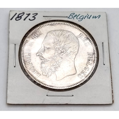 376 - An 1873 Belgium Silver Five Franc Coin. Please see photos for conditions.