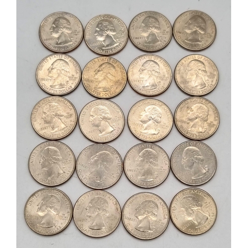 418 - 20 USA Assorted Quarter Dollar Coins - All different designs. High grade.