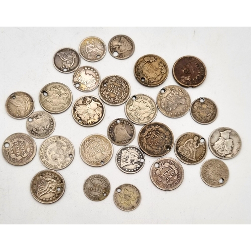 425 - An Assorted USA Small Silver Coinage Collection. All pierced.
26 coins in total.