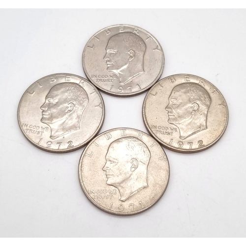 489 - 4 x USA Eisenhower Dollars 1971 and 1972 E-PLURIBUS UNUM, PAND D, Very clear definition, but please ... 