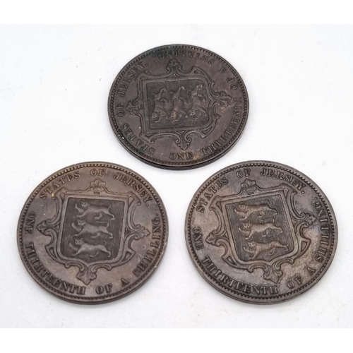 565 - Jersey 1/13 Shillings dated 1866, 1870 and 1871, please see photos for condition.