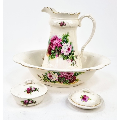 579 - An Antique Victorian Wash Bowl, Jug and Two Lidded Soap Dish set with matching floral pattern. Jug -... 