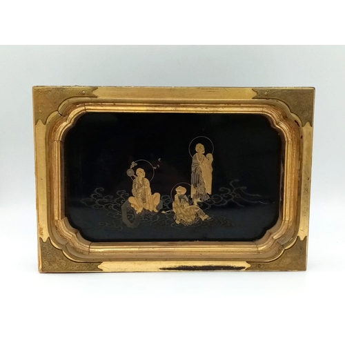 156 - Antique circa 1680-1700AD Japanese Buddhist Lacquer Painting, with ornate gilt frame. In need of sli... 
