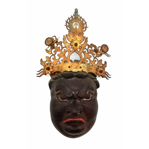 207 - Antique Muro Machi period Fudo Miyo mask with superb ornate gilt crown, detailed writing on the reve... 